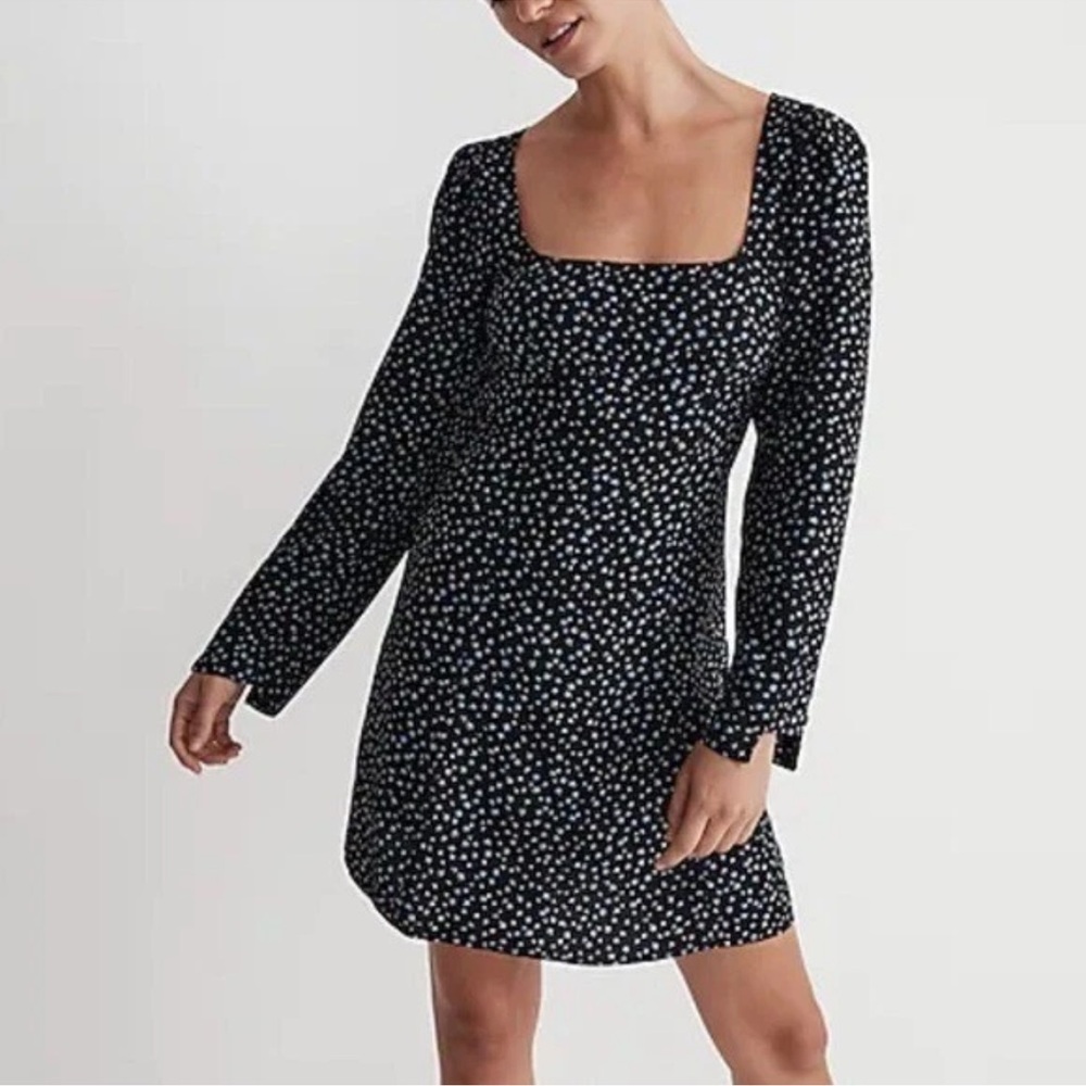 Madewell Black Floral Long Sleeve Square Neck Mini Dress